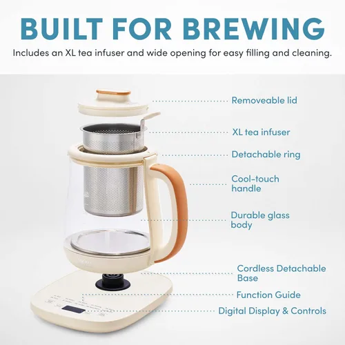 Vista 4 de AROMA® Hervidor de té eléctrico de vidrio de infusión profesional con control de temperatura y 10 modos preestablecidos (6 tazas, 1.5 litros)