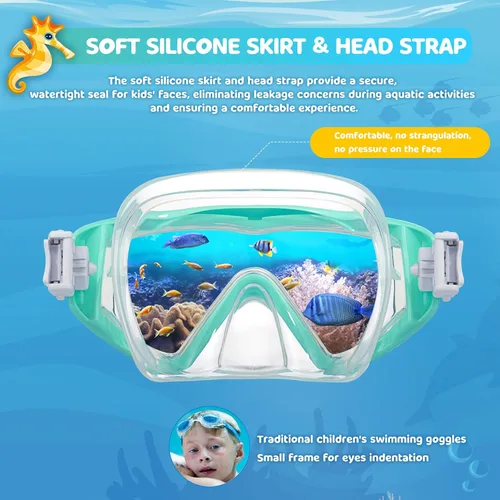 Vista 4 de Máscara de natación para niños, gafas de natación antivaho de 180° para niños, máscara de buceo, a prueba de fugas, con cubierta de nariz para niños