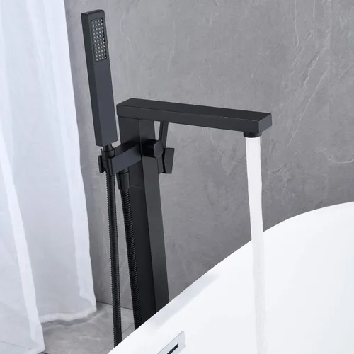 Vista 4 de Wowkk Grifo de bañera independiente Llenador de bañera Negro Montaje en el piso Grifos de baño Latón Manija única con ducha de mano