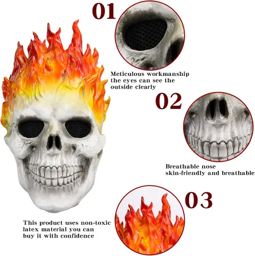 Vista 5 de Máscara de jinete fantasma, máscara de calavera de llama demonio, máscara de esqueleto de cara completa, casco de terror para Halloween