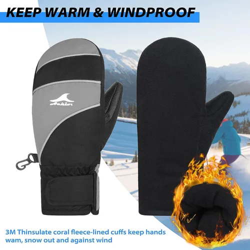 Vista 4 de Achiou Guantes de esquí para niños, guantes de nieve impermeables de invierno para niños, guantes de snowboard cálidos para pantalla táctil