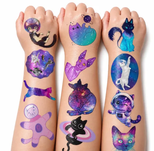 Vista 6 de 60 PCS Space Cat Temporary Tattoos Pre-Cut for Kids Girls Boys