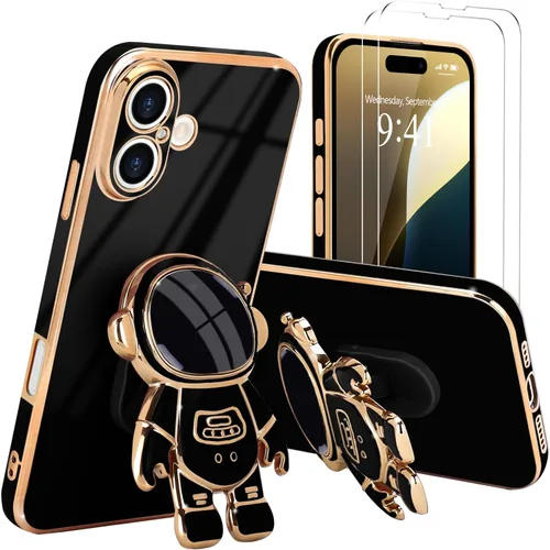 Vista 60 de Pepmune - Funda para iPhone 15 con soporte de astronauta 3D, color negro [2 Screen Protector], Luxury Electroplated Soft TPU Cover with Kickstand
