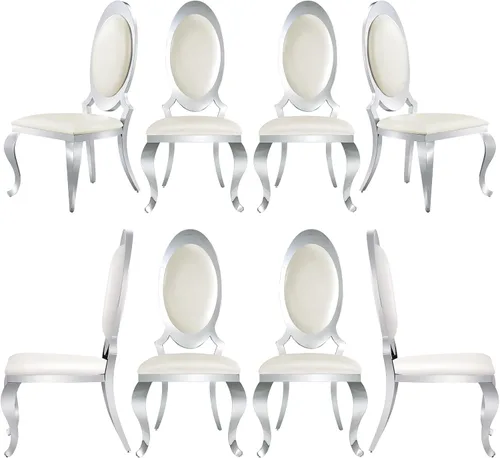 Vista 16 de ACEDÉCOR Sillas de comedor blancas y doradas, modernas sillas de piel sintética blanca, magnífica silla ovalada con respaldo de acero inoxidable