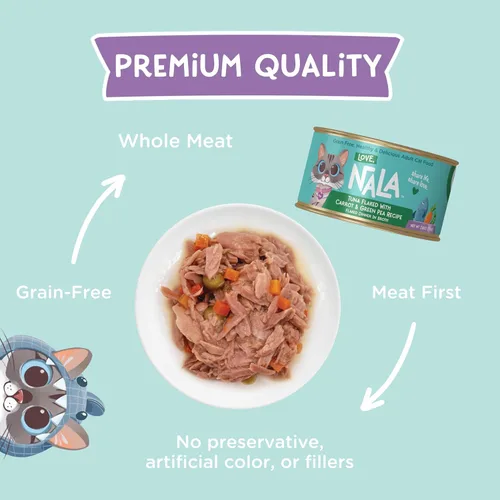 Vista 3 de LOVE, NALA - Comida húmeda natural para gatos adultos - Atún en copos con zanahoria y guisantes verdes en caldo - Sin granos, sin OMG, proteína