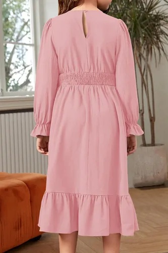 Vista 4 de HOSIKA Vestido casual de otoño de manga larga con cuello redondo y volantes escalonados y bolsillos para niñas de 6 a 12 años