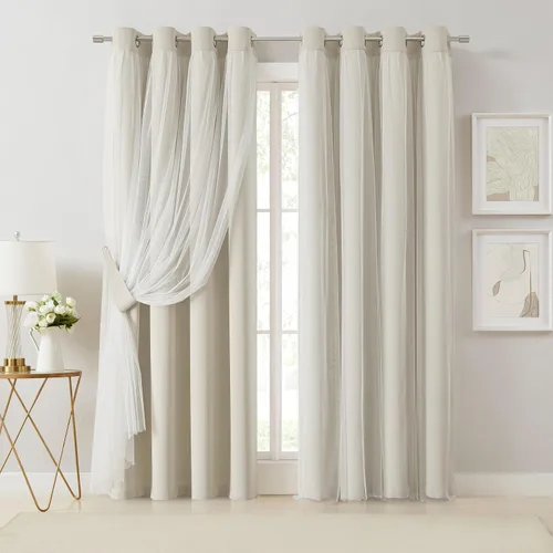 Vista 12 de Bujasso Cortinas 80% Opacas Beige con Superposición de Gasa Mezcla y Combinación Paneles de Ventana con Aislamiento Térmico de Doble Capa de 63