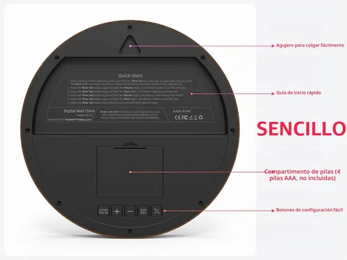 Vista 4 de Reloj de pared digital con fecha, temperatura interior, DST automático, reloj digital a batería, reloj de pared pequeño de madera decorativo de 8