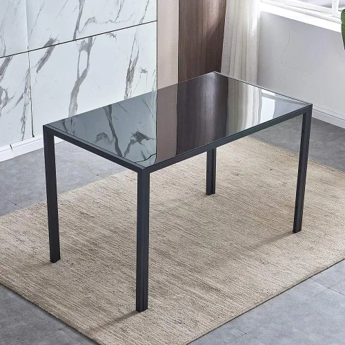 Vista 4 de Juego de 4 mesas de comedor y sillas negras modernas de 5 piezas para cocina pequeña, mesa rectangular de vidrio templado y 4 sillas de piel