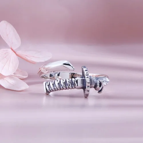 Vista 5 de Helen de Lete Anillo ajustable de plata de ley 925 con espada vintage para hombre, Plata de ley