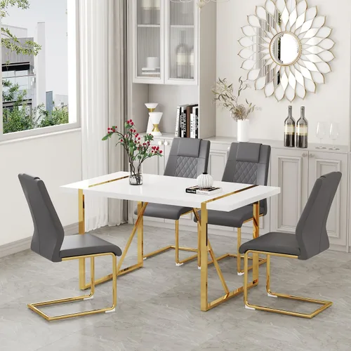 Vista 19 de Juego de mesa de comedor moderna de 55 pulgadas para 4, mesa de comedor negra y marco de metal dorado, mesa de comedor rectangular con 4 sillas