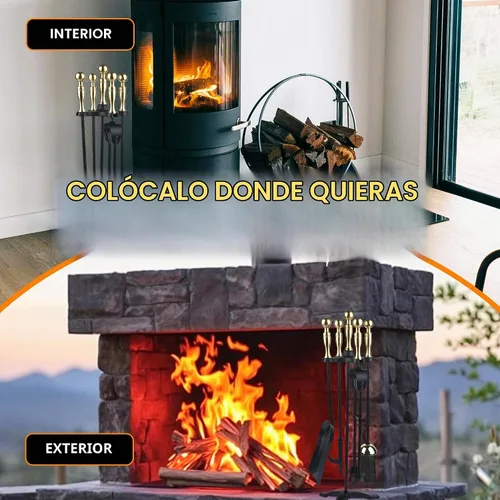 Vista 6 de Juego de herramientas para chimenea de 5 piezas con soporte, kit de herramientas de hierro forjado con póster, pinzas, pala, cepillo y base