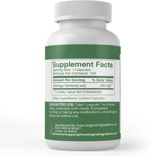 Vista 2 de Pure Original Ingredients Moringa Oleifera (100 cápsulas) siempre puro, sin aditivos ni rellenos, verificado por laboratorio