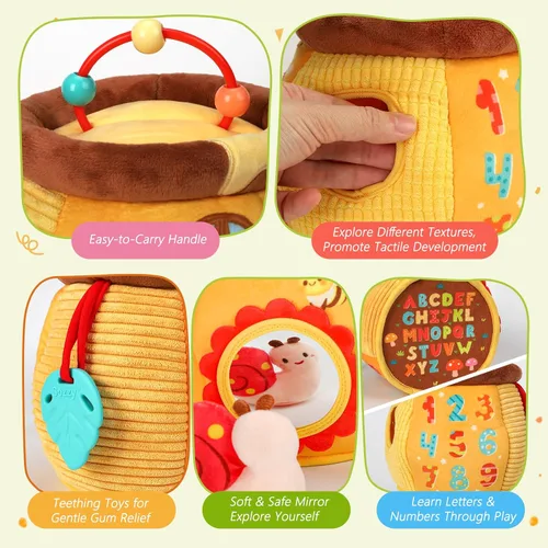 Vista 4 de Juguetes para bebés de 6 a 12 meses, tarro de miel sorpresa con animales de peluche sensoriales, sonajero, crujiente, espejo, juguetes Montessori