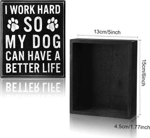 Vista 2 de Jetec Letrero de madera con texto en inglés "Work Hard Dog" para decoración del hogar, oficina, centro de mesa, 5 x 6 x 1.77 pulgadas