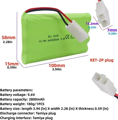 Vista 2 de AA 9.6V 2800mAh Batería recargable con enchufe Tamiya y cable de carga USB adecuado para coches de juguete RC, camiones, tanques, vehículos
