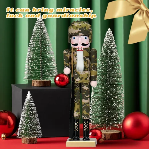 Vista 5 de Soldados Americanos Cascanueces Decoraciones Navideñas - Figuras de Madera Hechas a Mano de 15 Pulgadas con Camuflaje Temática Navideña para Mesa