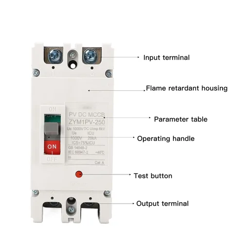 Vista 2 de Interruptor de desconexión de batería solar MCCB 2P 200A 2P 1000V MCCB Interruptor de desconexión de caja moldeada Interruptor maestro de alto