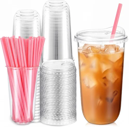 Vista 10 de Ziliny 25 juegos de vasos de plástico con pajitas y tapas de corazón rosa