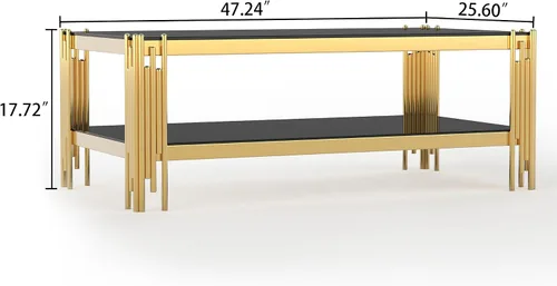 Vista 2 de Mesa auxiliar rectangular de vidrio de 48 pulgadas, mesa de centro de 2 niveles con parte superior de vidrio templado negro, patas de acero