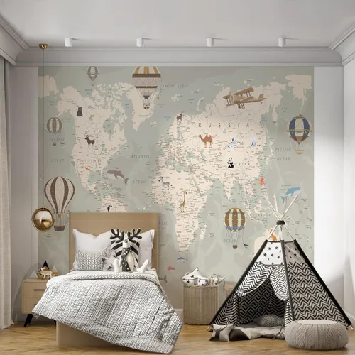 Vista 5 de Papel tapiz de mapa del mundo para niños con animales, calcomanías educativas para despegar y pegar, murales de guardería para bebés, niños