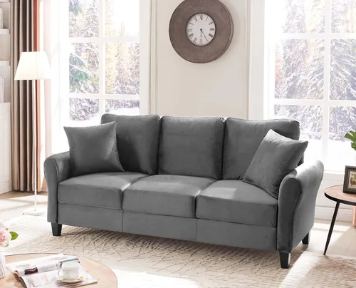 Vista 7 de Sofá tapizado de terciopelo de 3 plazas con 2 almohadas, sofá moderno de 78 pulgadas con patas de madera maciza para sala de estar, apartamento