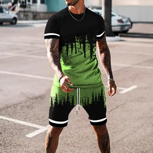 Vista 2 de Men's Tshirt and Short Set 2 Piece Outfits Fashion Summer Tracksuits Gradient Print Jogger Tee and Shorts Sport Sets
