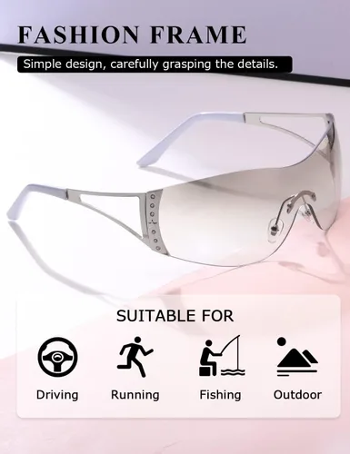 Vista 4 de kimorn Gafas de sol Y2K envolventes para mujeres y hombres, con escudo plano, tecnología futurista, sin marco, K1344