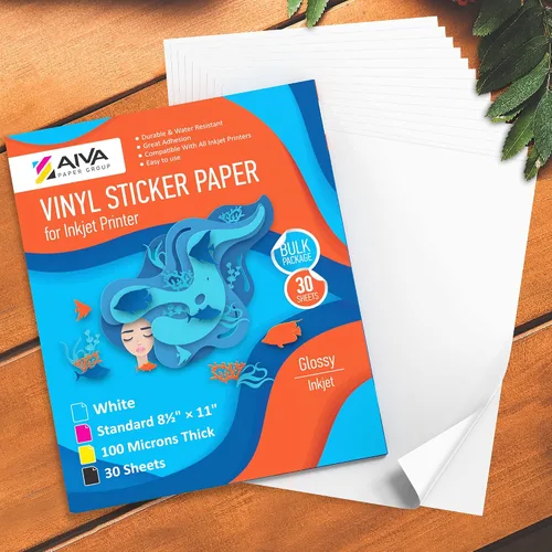 Vista 6 de Papel adhesivo de vinilo para imprimir - Papel impermeable para calcomanías para impresora de inyección de tinta - 30 hojas autoadhesivas - Blanco