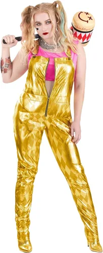 Vista 2 de Disfraz de Harley Quinn para mujer, talla grande, overol dorado, traje de arlequín para héroes y villanos, cosplay y Halloween