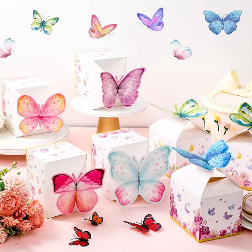 Vista 6 de Ctosree 24 cajas de regalo de fiesta de mariposa, bolsas de dulces florales, caja de papel de regalo de mariposa rosa para niña, decoración azul