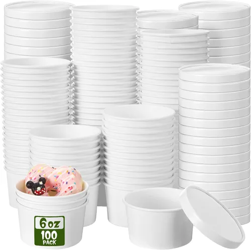 Vista 27 de Fulmoon Paquete de 100 recipientes de papel para sopa con tapas, recipientes de papel desechables para alimentos con tapa ventilada, tazas de postre