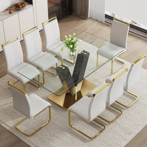 Vista 11 de Juego de mesa de comedor de cristal de 71 pulgadas para 4, juego de mesa de cocina moderno para 4, juego de mesa de comedor para el hogar