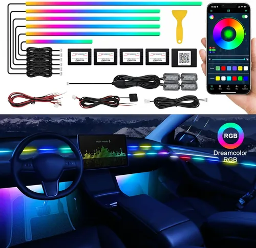 Vista 14 de Tira de luz LED acrílica para interior de automóvil con aplicación inalámbrica, kits de iluminación ambiental RGB Dreamcolor 5 en 1, 16 millones