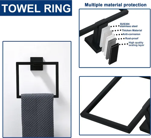Vista 3 de Juego de 5 piezas de accesorios de ferretería para baño en negro mate, juego de toalleros cuadrados de 16 pulgadas para baño, juego de barras