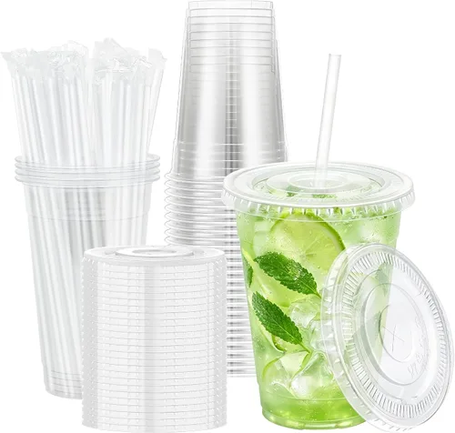 Vista 9 de Lamosi Paquete de 100 vasos de plástico transparente de 12 onzas con tapas y pajitas, tazas de café de plástico desechables con tapas para café