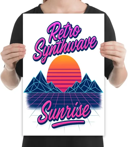 Vista 2 de Neon Sunrise Retro Poster - Synthwave Wireframe Mountains - Gloss Paper Finish - Wall Art for Gaming Room or Music Studio