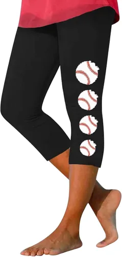 Vista 3 de Leggings capri para mujer, leggings de cintura alta con estampado de béisbol para mujer, mallas atléticas para yoga, entrenamiento, pantalones