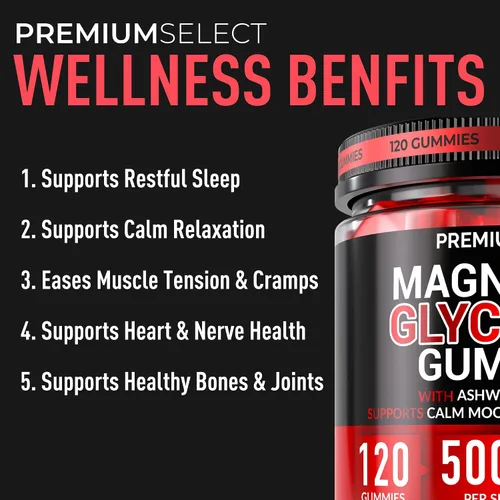 Vista 4 de Gomitas de glicinato de magnesio para adultos, 500 mg, 120 gomitas sin azúcar, apoyo para calmar y dormir con bálsamo de limón Ashwagandha
