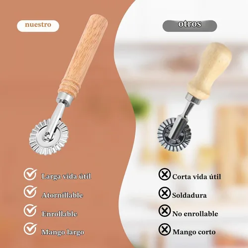 Vista 6 de SHANGSKY Rueda cortadora de repostería, rueda de corte de ravioles con mango largo de madera, cortador de pasta, bola de masa para hacer encaje