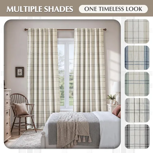Vista 8 de DriftAway Cortinas de felpilla de lino a cuadros 100% opacas de 96 pulgadas Beige