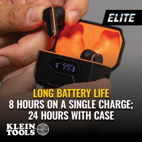 Vista 3 de Auriculares Klein Tools AESEB2 Elite Bluetooth para el lugar de trabajo, auriculares True Wireless, protección auditiva NRR 25 dB, tiempo