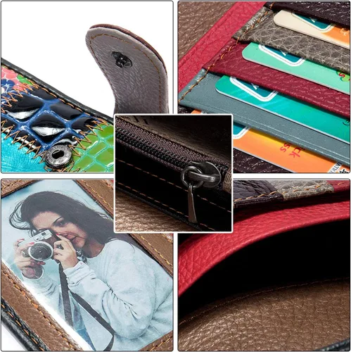 Vista 6 de Carteras multicolor para mujer, tarjetero de cuero genuino, monederos grandes, embrague para teléfono, Multicolor-S, Cartera de viaje