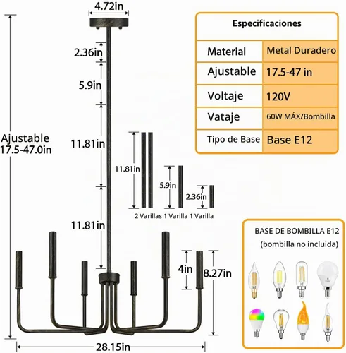 Vista 9 de Lynnoland - Candelabros de 6 luces de granja para comedor, accesorios de iluminación colgantes, lámparas industriales modernas para dormitorio Negro