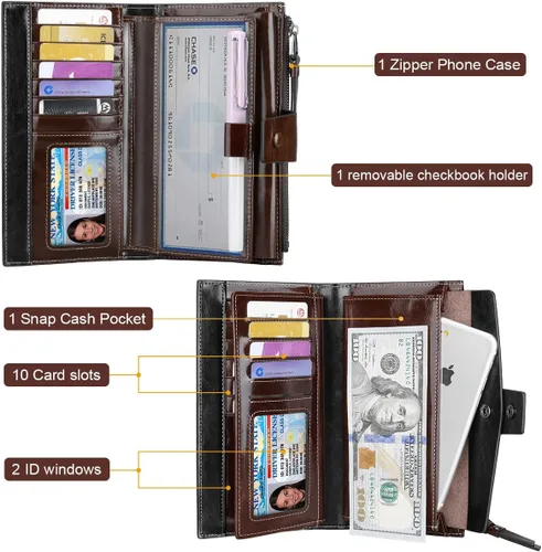 Vista 3 de Itslife Cartera de cuero con bloqueo RFID de gran capacidad para mujer, cartera de chequera auténtica, Oilcoffee, Classic