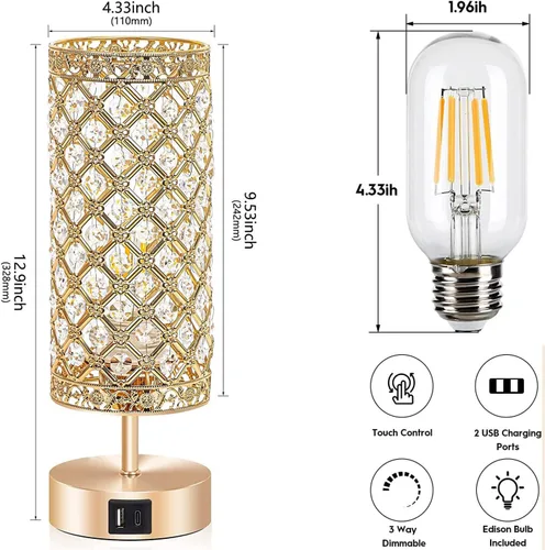 Vista 5 de Lámpara de mesa de cristal, lámpara de escritorio dorada con control táctil, para mujer, decoración de dormitorio, 2 puertos USB, mesita de noche