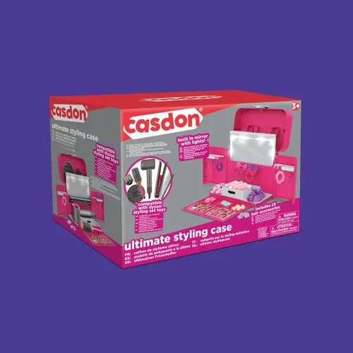 Vista 7 de Casdon Funda de peinado definitiva. Estuche plegable para peinar el cabello y accesorios con espejo iluminado, libro de estilo y accesorios