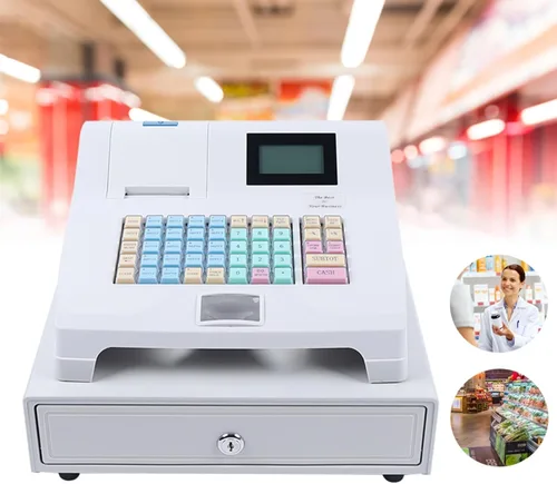 Vista 4 de Caja registradora electrónica con cajón, esquinas redondas, panel frontal de acero inoxidable, cuatro compartimentos con clips para dinero y cinco
