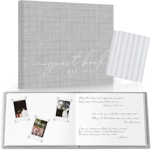 Vista 10 de Libro de invitados de boda personalizado 2026 año – Libro de visitas de fotos de lino para firmar en la recepción – Incluye esquinas de fotos
