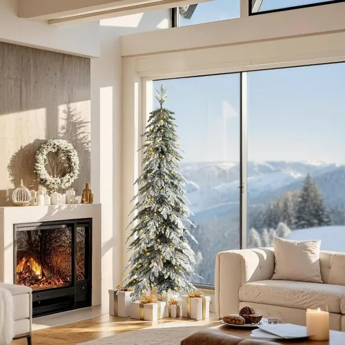 Vista 9 de Glitzhome Árbol de Navidad Artificial de 7.5 pies, Árbol de Navidad Tipo Lápiz Preiluminado con Efecto Nevado Chicago Frostwood Spruce con 350 Luces